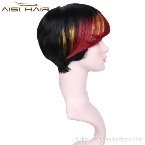 Short Pixie Cut Hair Wig High Temperature Synthetic Straight Wigs with Ombre Red Bangs For Women